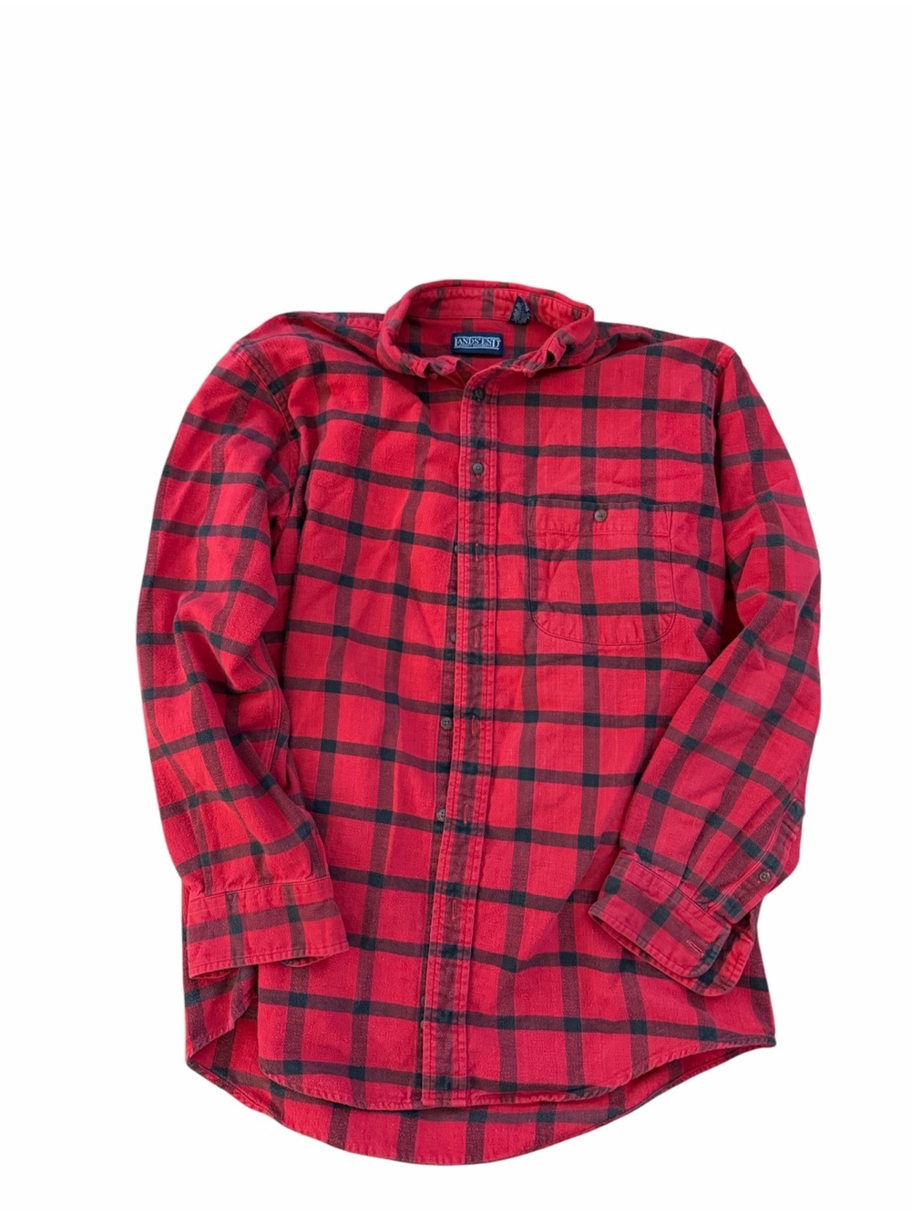 Lands End Mens Red Plaid Button-Up Shirt -